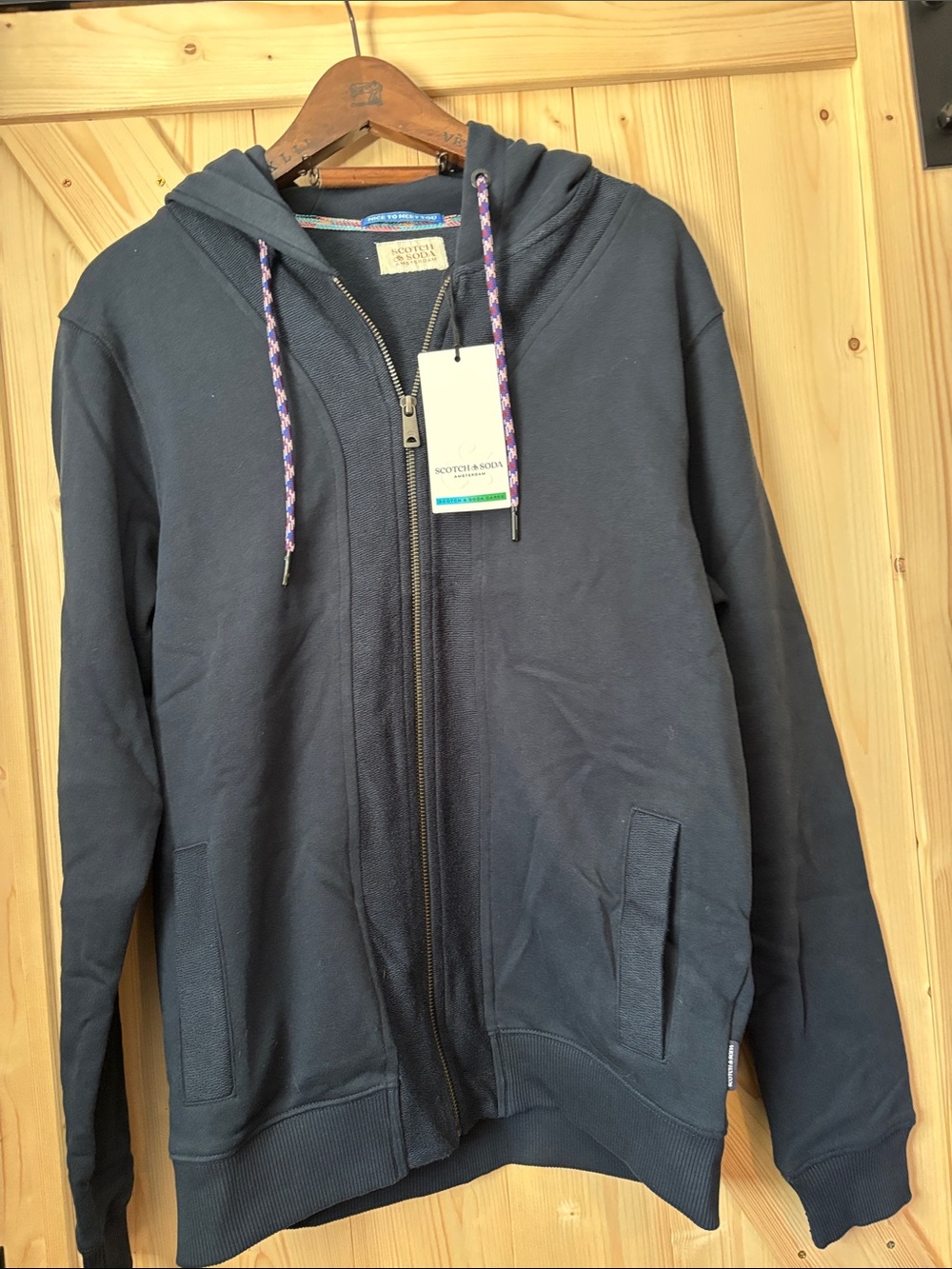 Scotch & Soda Men's Dark Navy Zip-Up Hoodie with Patterned Drawcords